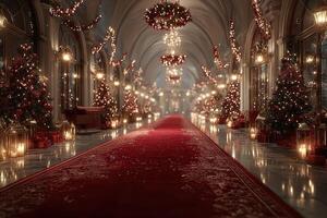 Elegant holiday corridor adorned with decorations and lights in a grand setting photo