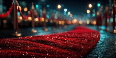 Elegant red carpet leading to a glamorous event at night with sparkling lights in the background photo