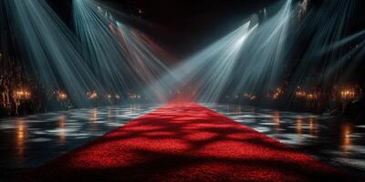 Red carpet runway illuminated by dramatic lighting at a fashion event in an upscale venue during nightfall photo