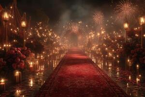 Romantic pathway adorned with flowers and candles under fireworks at night photo