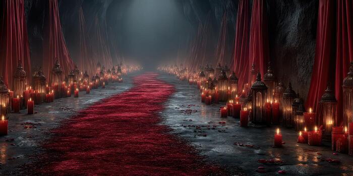 Mysterious pathway adorned with red curtains and flickering candles in a dimly lit cave photo