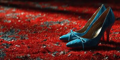 Elegant blue high heels resting on vibrant red carpet in a chic setting during evening hours photo