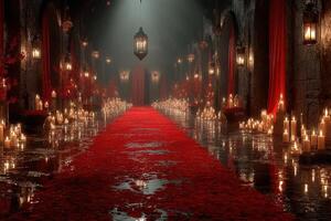 Glistening candlelit corridor adorned with red roses in a mystical setting at night photo