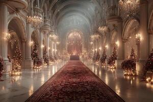 Grand hallway adorned with holiday decorations in an elegant palace setting photo