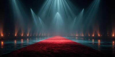 Dramatic stage setup with red carpet and blue spotlight lights during an elegant event photo