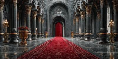 Elegant grand hall with ornate columns and a vibrant red carpet in luxurious palace setting photo