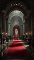 Grand hallway with red carpet and ornate architecture in a majestic palace during the afternoon light photo