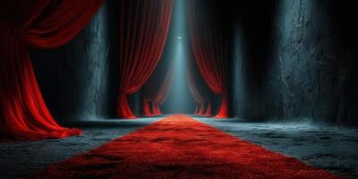 Red carpet entrance leading to spotlight in a dramatic theater setting at night photo