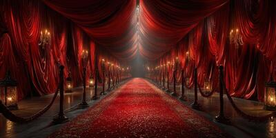 Luxurious red carpet corridor with elegant drapery and ambient lighting for a grand event photo