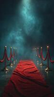 Stylish red carpet leading to spotlight amidst misty atmosphere in an elegant setting photo