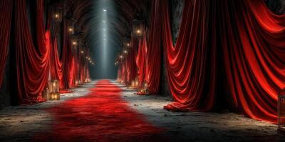 Elegant corridor adorned with red drapes and soft lighting creates a dramatic entrance for an upscale event or gathering photo