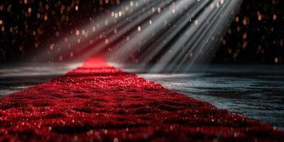 Elegant red carpet welcomes guests to a prestigious awards ceremony during a nighttime celebration with dramatic lighting photo