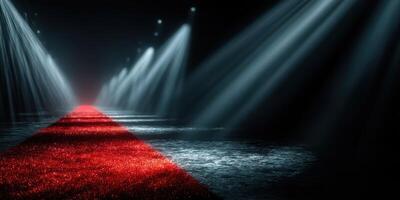 Illuminated red carpet with dynamic spotlight effects creates a glamorous atmosphere for an evening event or celebration photo