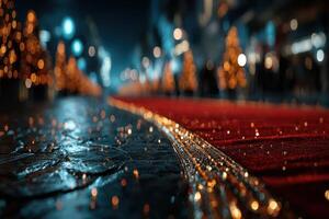Red carpet leading to a festive celebration at night with twinkling lights and beautifully decorated trees photo
