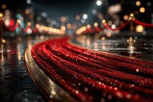 Red carpet welcome at a glamorous nighttime event in an urban setting with shimmering lights and reflections photo