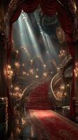 Grand staircase in opulent hall illuminated by soft light showcases elegant design and intricate details photo