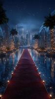Extravagant night gala on a red carpet surrounded by illuminated greenery and city skyline photo