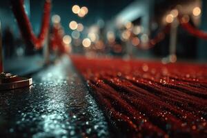 Lush red carpet setting with glistening surface at night event venue in urban atmosphere photo