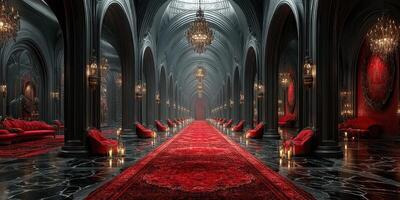 Elegant red-themed hallway with ornate chandeliers and luxurious furnishings in a grand gothic setting during twilight photo