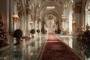 Elegant and opulent interior of a grand hall decorated for the holiday season in a historic palace photo