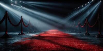 Illuminated red carpet leading to an event with dramatic lighting and velvet ropes on display photo