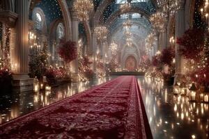 Elegant ballroom decorated with chandeliers and floral arrangements for a grand event in a historic setting photo