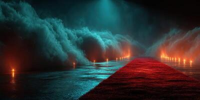 Vibrant red carpet leads into a mystical atmosphere filled with smoke and colorful lights at an evening event photo