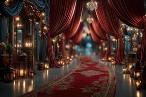 Elegant hallway adorned with red carpets and ornate lanterns in a luxurious setting photo