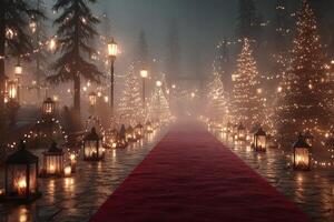 Magical winter pathway lined with twinkling lights and festive decorations during a nighttime celebration photo