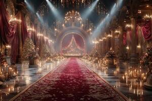 Lavish ballroom adorned with festive decorations and soft candlelight during a winter celebration in an elegant setting photo