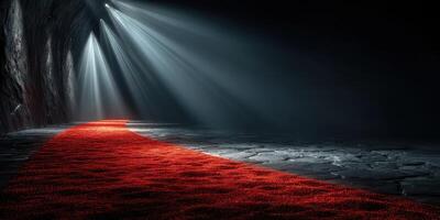 Soft light illuminates a winding red carpet in a dark cavernous space creating an inviting atmosphere photo