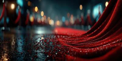 Elegant red carpet leading to a glamorous event at night with colorful lights and reflections photo