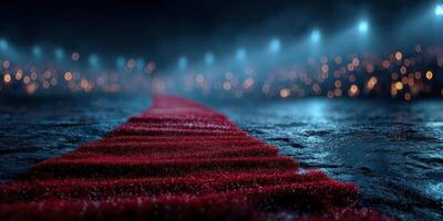 Red carpet leading to an illuminated venue with blurred crowd in the background during an evening event photo