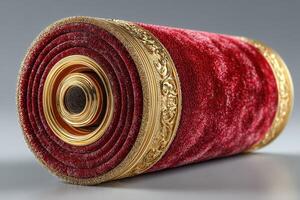 Luxurious red velvet scroll with ornate gold detailing displayed on a gray background photo
