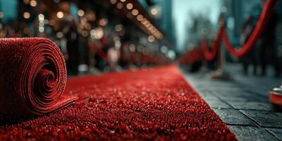 Red carpet event with elegant lighting and decorations in a vibrant urban setting during nighttime photo