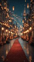 Festive evening stroll down a beautifully lit street with red carpet and glowing lanterns during the holiday season photo