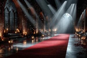 Elegant wedding ceremony inside a grand hall with illuminated red carpet and soft lighting photo