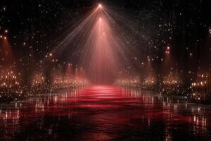 Stunning display of lights reflecting on water with a vibrant red glow during a night event photo