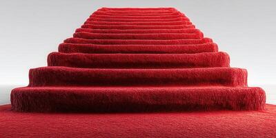 Unique red carpet staircase leads to a stunning minimalist space with a calm atmosphere and soft lighting photo