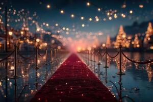 Festive night with red carpet and twinkling lights in a charming winter setting by the waterfront photo