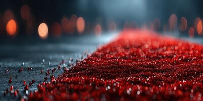 Vibrant red petals scattered across a pathway lit by soft bokeh lights in a tranquil evening setting photo