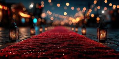 Elegant red carpet pathway illuminated by lanterns at night in a festive outdoor setting photo