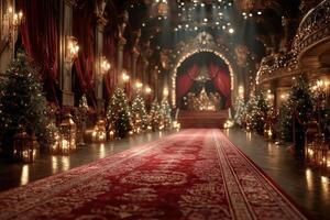 Elegant winter event space decorated with Christmas trees and festive lights for a magical evening experience photo