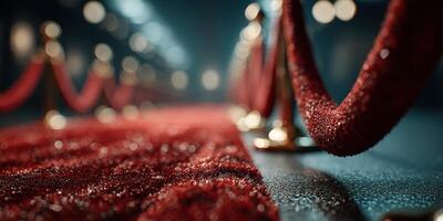 Luxurious red carpet lined with velvet ropes welcomes guests to a glamorous event at a grand venue photo