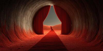 Mysterious corridor with red curtains and sandy path leading into a surreal landscape at dusk photo