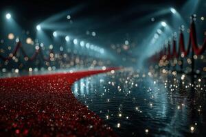 Elegant red carpet leading to a glamorous event with sparkling lights and a festive atmosphere at night photo