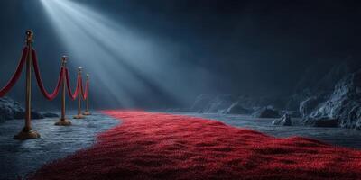 Red carpet pathway with velvet ropes illuminated by soft light in a dark cavernous setting photo