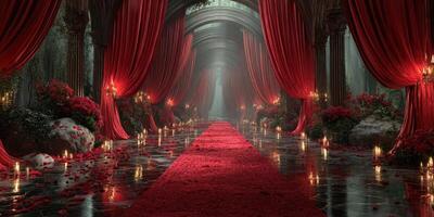 Elegant red-themed corridor with luxurious decor and romantic lighting during an evening event photo