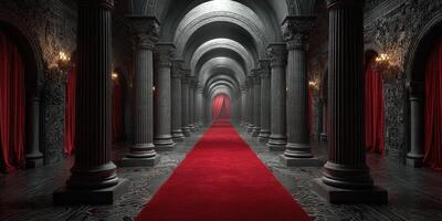 Majestic corridor with red carpet and grand columns in an elegant architectural setting photo