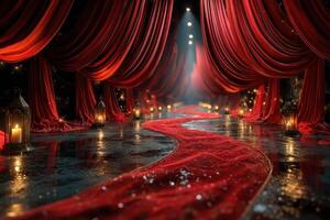 Elegant red carpet entrance adorned with draped curtains and glowing lanterns in a dimly lit venue setting photo